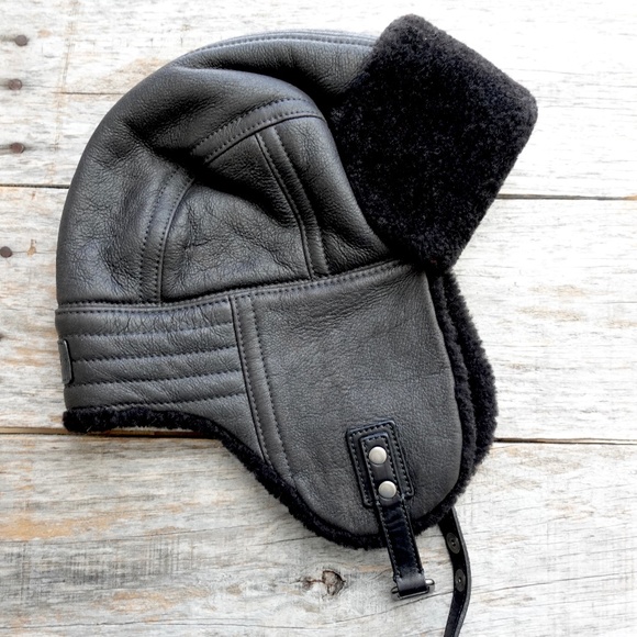 COACH Mens Aviator Motorcycle Hat MEDIUM Black Leather Shearling Vintage USA - Picture 1 of 12